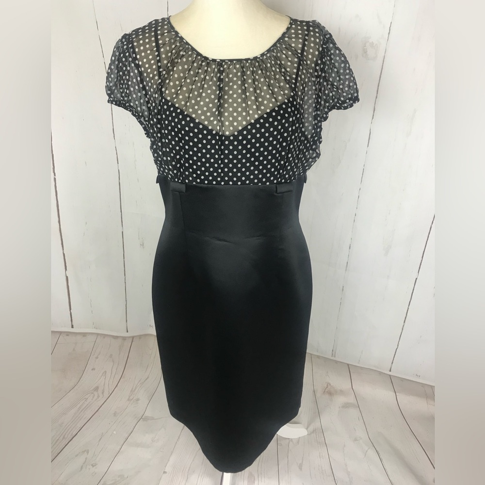 Tahari 100% silk black polka dot sheath dress size 12